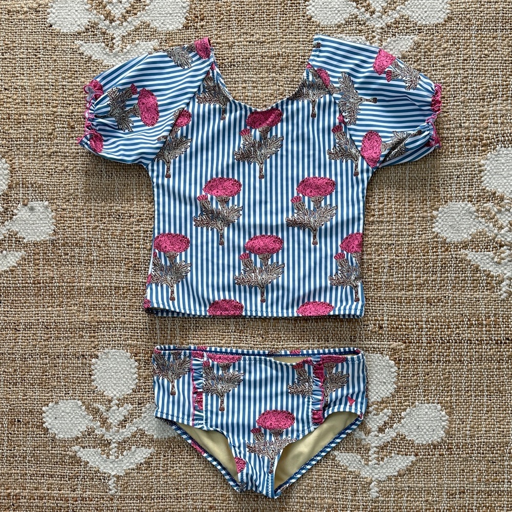Pink Chicken Blue Striped Two-Piece Swim Set with Pink Floral Embroidery
